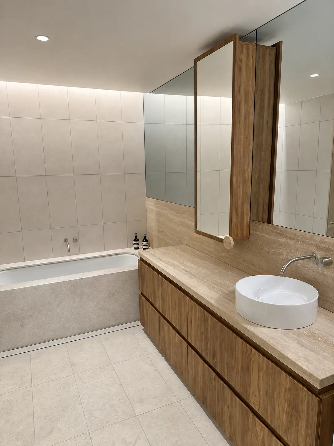 Timber bathroom vanity, mirrored cabinet and stone benchtop